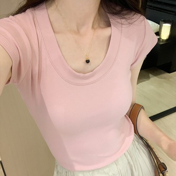 实拍正肩t恤女短袖夏季修身显瘦纯色基础款内搭打底衫紧身U领上衣