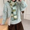 新款秋冬彩虹条纹羊毛混纺围巾女小众细长针织撞色渐变百搭潮围脖