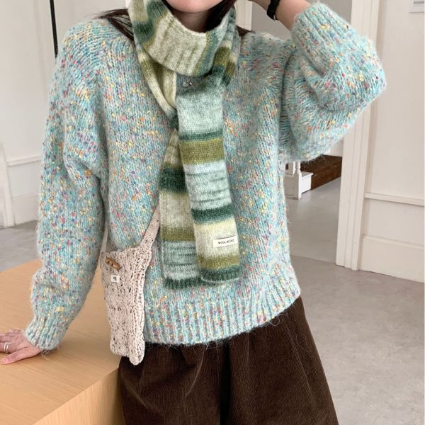 新款秋冬彩虹条纹羊毛混纺围巾女小众细长针织撞色渐变百搭潮围脖