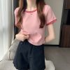 撞色圆领短袖t恤女2024年新款夏季打底衫韩版修身短款学生上衣潮