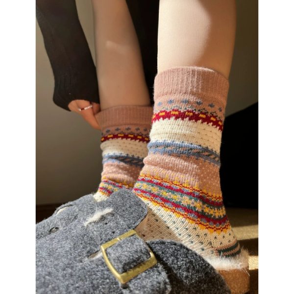 美式轻奢复古民族风粗线咔叽街头风费尔岛情侣ins中筒堆堆袜子女