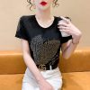 欧货圆领爱心羽毛短袖t恤女2024夏款重工烫钻舒适修身洋气小衫ins