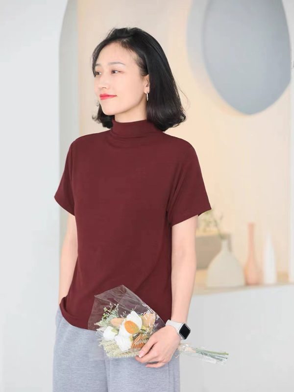 春季新款 弹力短袖女半高领文艺纯色修身显瘦休闲百搭T恤9227