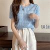 复古圆领短袖t恤针织衫女装薄款2024夏季设计感修身短款学生上衣