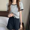 撞色圆领短袖t恤女2024年新款夏季打底衫韩版修身短款学生上衣潮