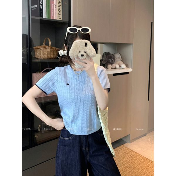正肩针织短袖t恤女2025夏季新款撞色圆领刺绣短款内搭打底衫上衣