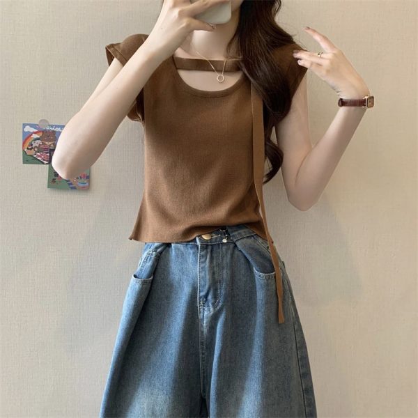 小飞袖辣妹上衣女设计感小众夏季短款冰丝针织衫别致显瘦短袖t恤