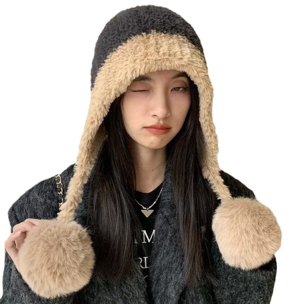 冬季防寒帽大头围毛绒挂球可爱护耳帽子女遮耳加绒加厚拼色针织帽