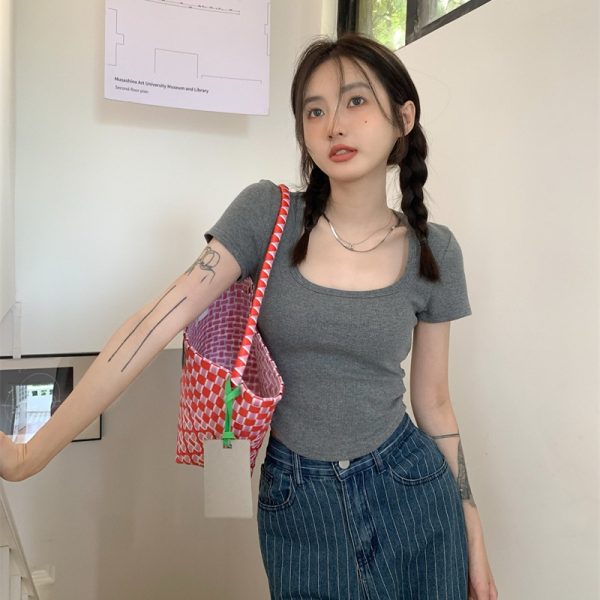 粉色U领正肩短袖t恤女夏新款甜辣修身显瘦不规则短款高腰露脐上衣