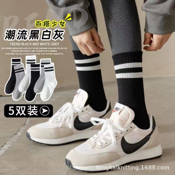 鲨鱼裤配的袜子女黑白灰双杠中筒袜纯棉网红款休闲运动长袜ins潮