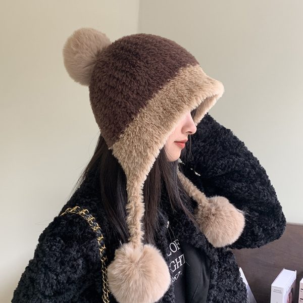 冬季防寒帽大头围毛绒挂球可爱护耳帽子女遮耳加绒加厚拼色针织帽