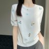 2024春夏新款甜美减龄刺绣女圆领冰丝针织短袖T恤半袖上衣打底衫