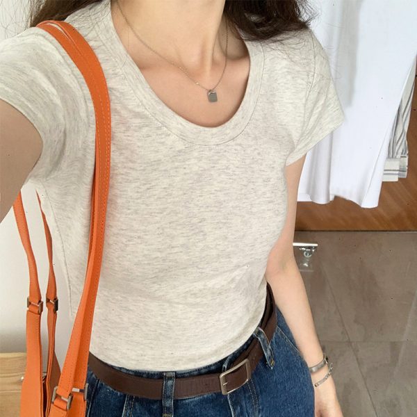 美式纯欲风修身T恤女潮牌韩版2024夏季修身纯棉低圆领白色设计感