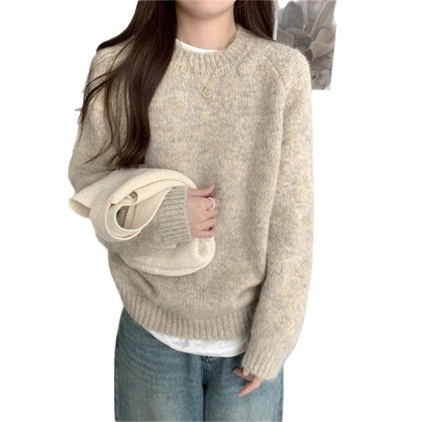 日系宽松感软糯内搭针织衫上衣秋冬新款慵懒风圆领套头毛衣女