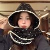 韩版笑脸印花可爱蕾丝百搭连帽围巾少女秋冬帽子针织保暖围脖斗篷