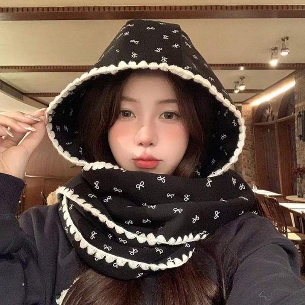 韩版笑脸印花可爱蕾丝百搭连帽围巾少女秋冬帽子针织保暖围脖斗篷