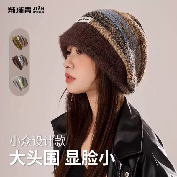 美拉德堆堆帽子女冬季大头围显脸小毛线帽保暖月子帽包头针织冷帽