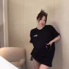 纯棉韩版宽松女装时尚穿搭短袖上衣中长款别致设计感字母t恤女潮