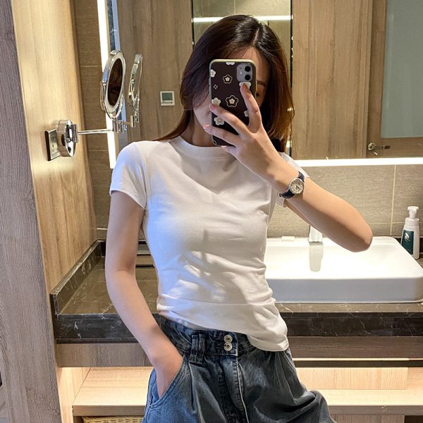 现货穿搭白色t恤女正肩短袖春夏季圆领显瘦百搭纯棉叠穿打底上衣