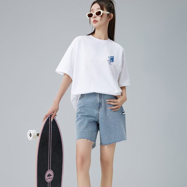 夏季白色纯棉落肩女t恤短袖韩版圆领宽松半袖胖mm显瘦大码女装