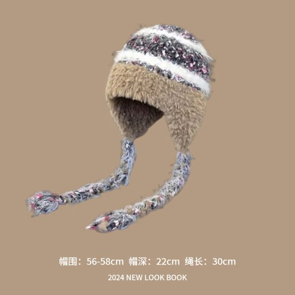 民族风条纹拼接针织毛线帽秋冬女加厚保暖防寒护耳套头帽雷锋帽