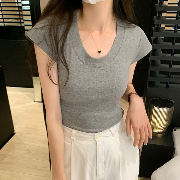 实拍正肩t恤女短袖夏季修身显瘦纯色基础款内搭打底衫紧身U领上衣
