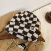 棋盘格子针织帽女秋冬季韩版小众大头围毛线帽日系显脸小圣诞帽子