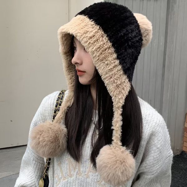 冬季防寒帽大头围毛绒挂球可爱护耳帽子女遮耳加绒加厚拼色针织帽
