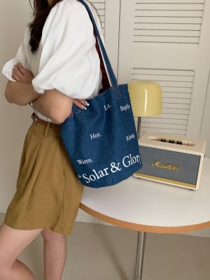 亚马逊跨境货源/牛仔蓝水桶包格子撞色帆布包大容量单肩包购物袋