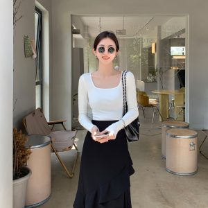 方领螺纹长袖T恤女装2024早春季内搭锁骨修身收腰打底衫洋气上衣