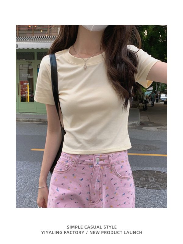 白色正肩t恤女短袖短款夏季纯棉修身显瘦纯白体恤基础款打底上衣
