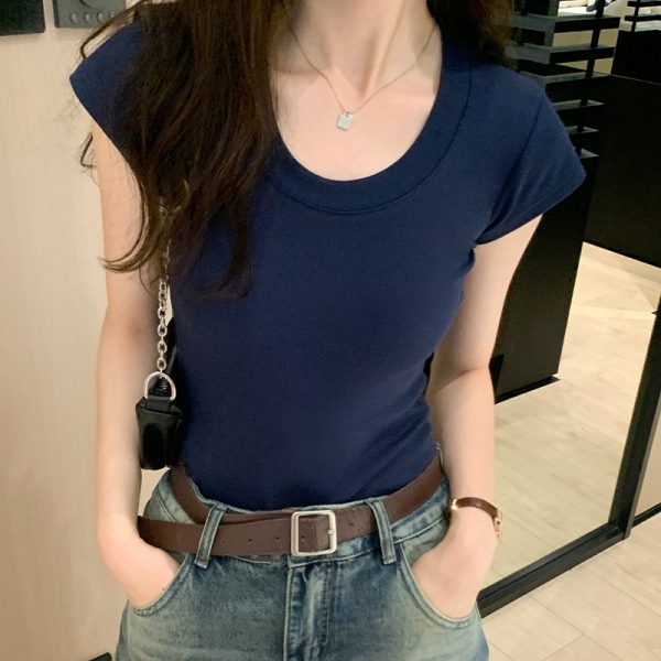 实拍正肩t恤女短袖夏季修身显瘦纯色基础款内搭打底衫紧身U领上衣
