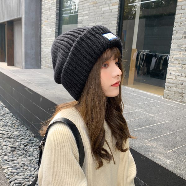 日系毛线堆堆帽子女秋冬季百搭韩版针织帽保暖护耳大头宽松帽工厂