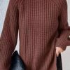 2025秋冬新品跨境高领针织衫长款插肩袖高领开叉柔软舒适女装