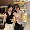 韩系小飞袖v领冰丝针织开衫女装夏季薄款修身显瘦针织外穿短袖衣