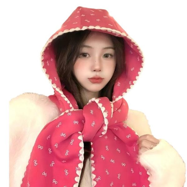 韩版笑脸印花可爱蕾丝百搭连帽围巾少女秋冬帽子针织保暖围脖斗篷