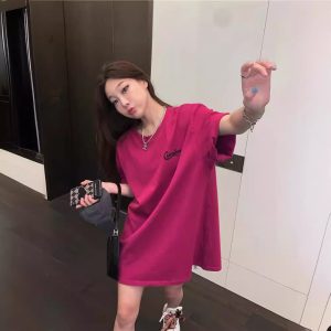 纯棉韩版宽松女装时尚穿搭短袖上衣中长款别致设计感字母t恤女潮