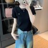 正肩针织短袖t恤女2025夏季新款撞色圆领刺绣短款内搭打底衫上衣