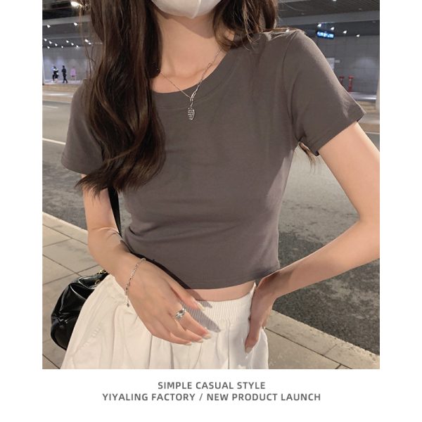 白色正肩t恤女短袖短款夏季纯棉修身显瘦纯白体恤基础款打底上衣
