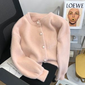 春秋季软糯仿水貂绒毛衣开衫女设计感小众慵懒针织上衣外套