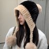 冬季防寒帽大头围毛绒挂球可爱护耳帽子女遮耳加绒加厚拼色针织帽