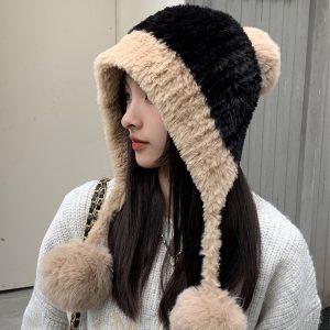 冬季防寒帽大头围毛绒挂球可爱护耳帽子女遮耳加绒加厚拼色针织帽