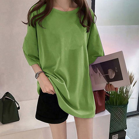 纯色t恤女短袖韩版宽松大码显瘦胖mm中长款学生半袖大版上衣服夏