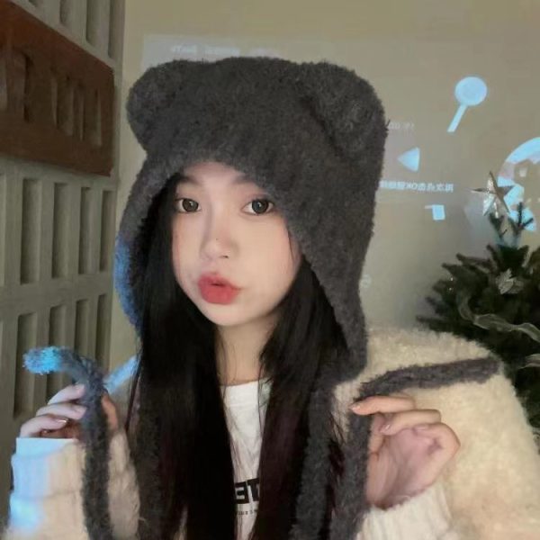 可爱小熊新款秋冬保暖女孩显脸小护耳毛线日韩系百搭针织冬季帽子