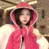 韩版笑脸印花可爱蕾丝百搭连帽围巾少女秋冬帽子针织保暖围脖斗篷