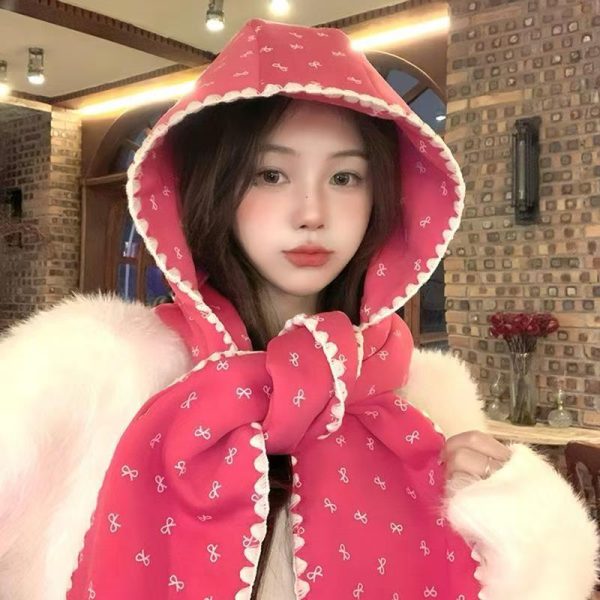 韩版笑脸印花可爱蕾丝百搭连帽围巾少女秋冬帽子针织保暖围脖斗篷