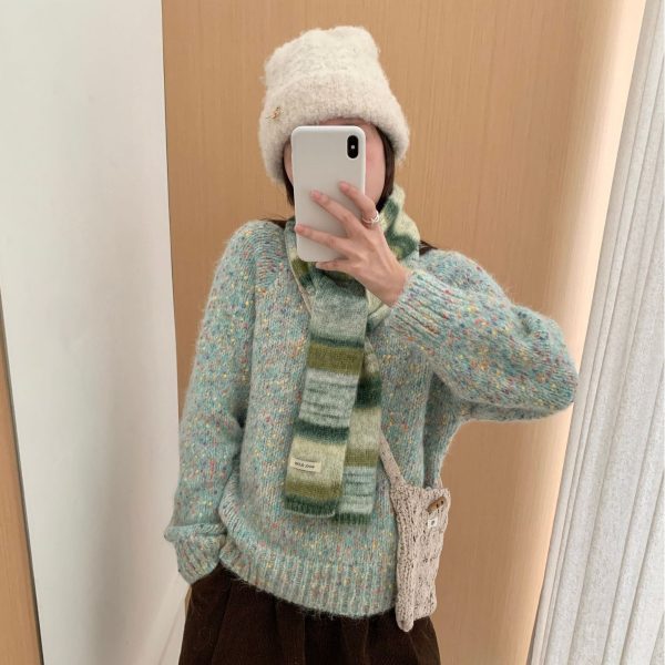 新款秋冬彩虹条纹羊毛混纺围巾女小众细长针织撞色渐变百搭潮围脖